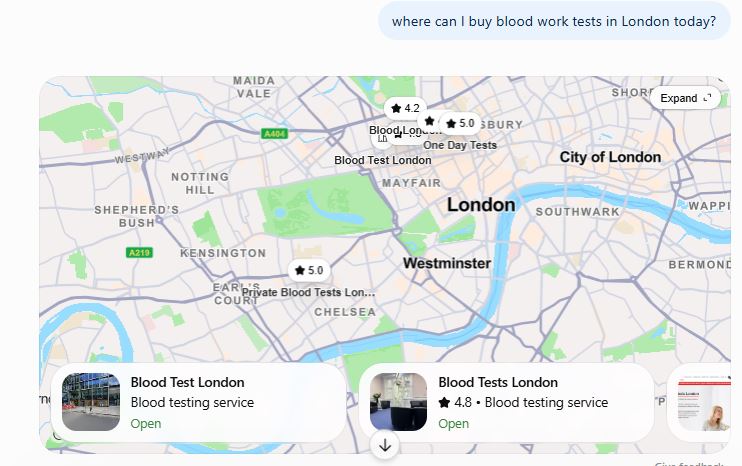 What Is Really Under the Hood of ChatGPT? Observations for one query: "Where Can I Buy Blood Work Tests in London Today?"
