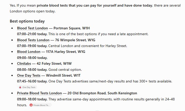 ChatGPT answer listing six London blood test clinics with addresses and opening hours for today.