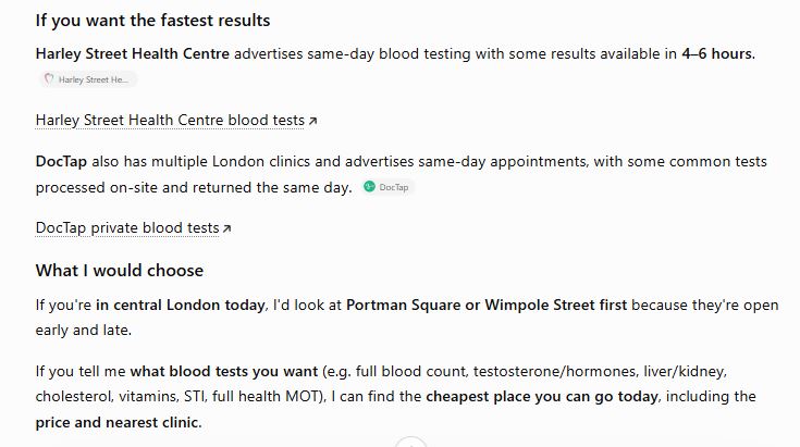 ChatGPT answer section headed "If you want the fastest results" naming Harley Street Health Centre and DocTap, followed by "What I would choose" recommending Portman Square and Wimpole Street.